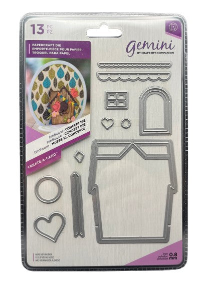 Packaged Gemini paper craft die set with various shapes on a white background