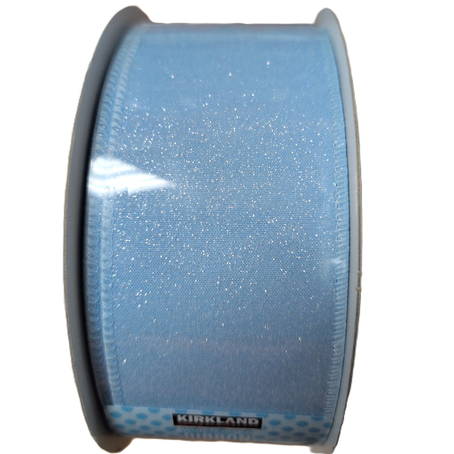 Spool of blue glitter ribbon with Kirkland brand label on a white background
