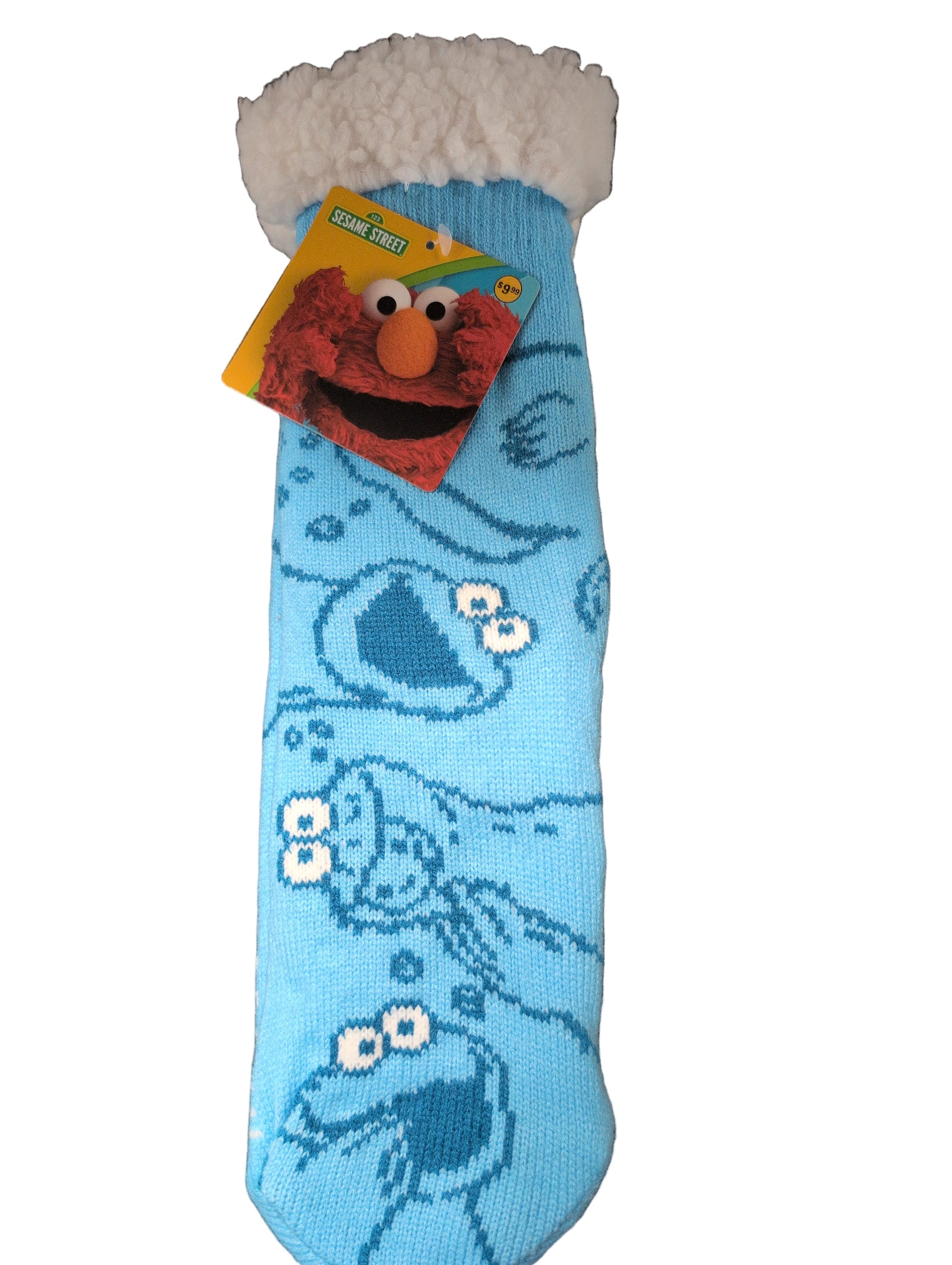 Blue sock with Sesame Street character design on a white background