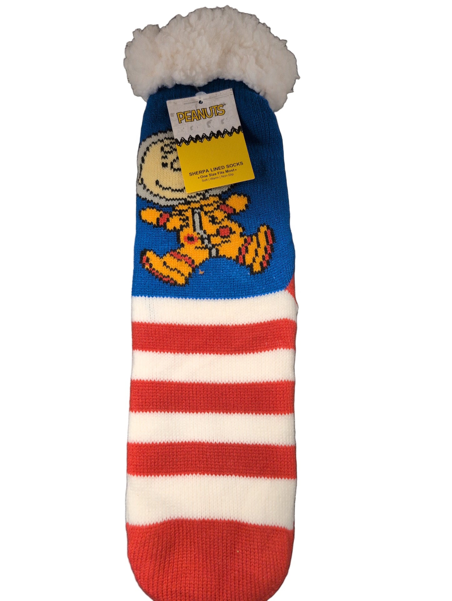 Sock with cartoon character and American flag design on a dark surface