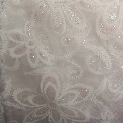 Close-up of a textured fabric with floral patterns and sequins.