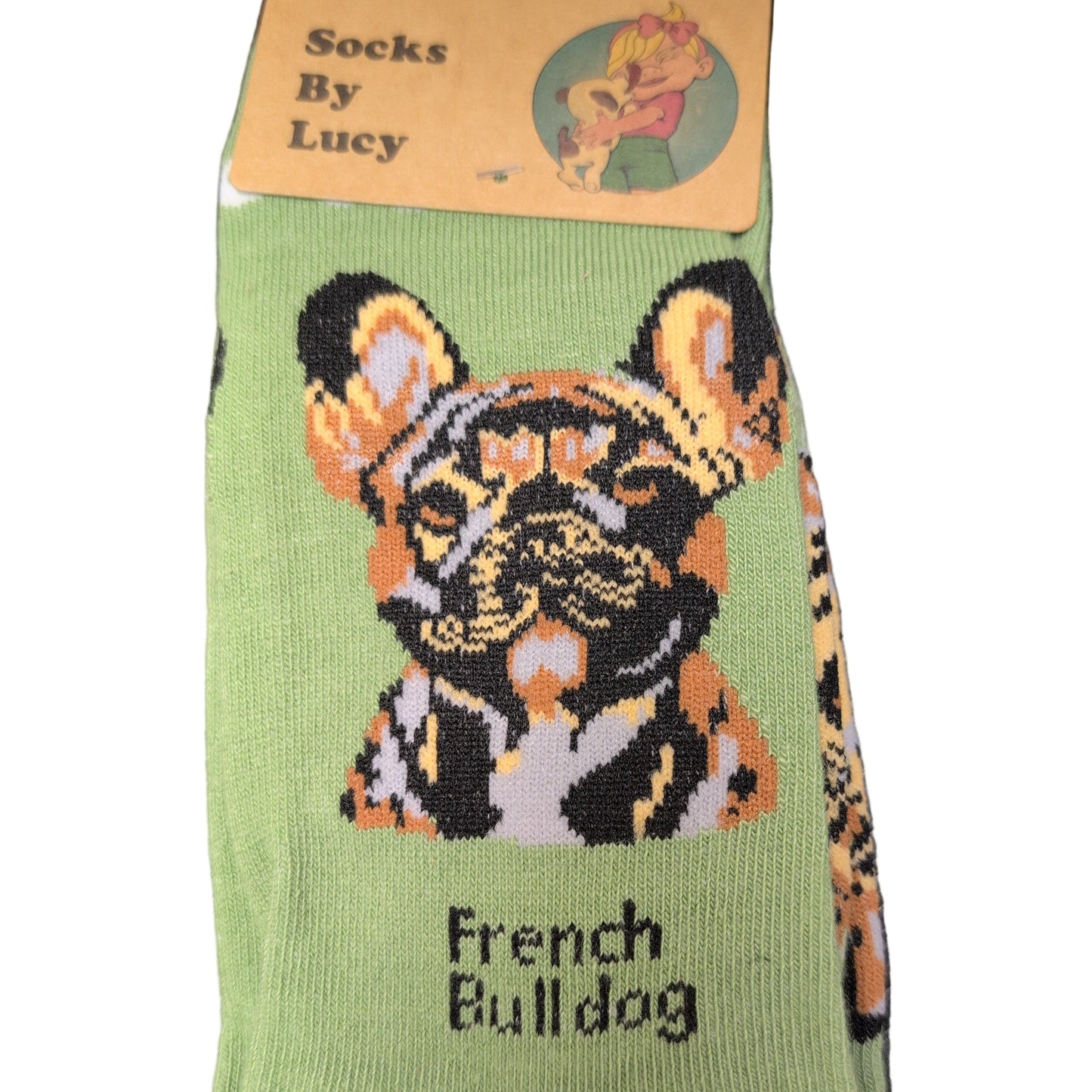 Socks with a French Bulldog design on a dark surface
