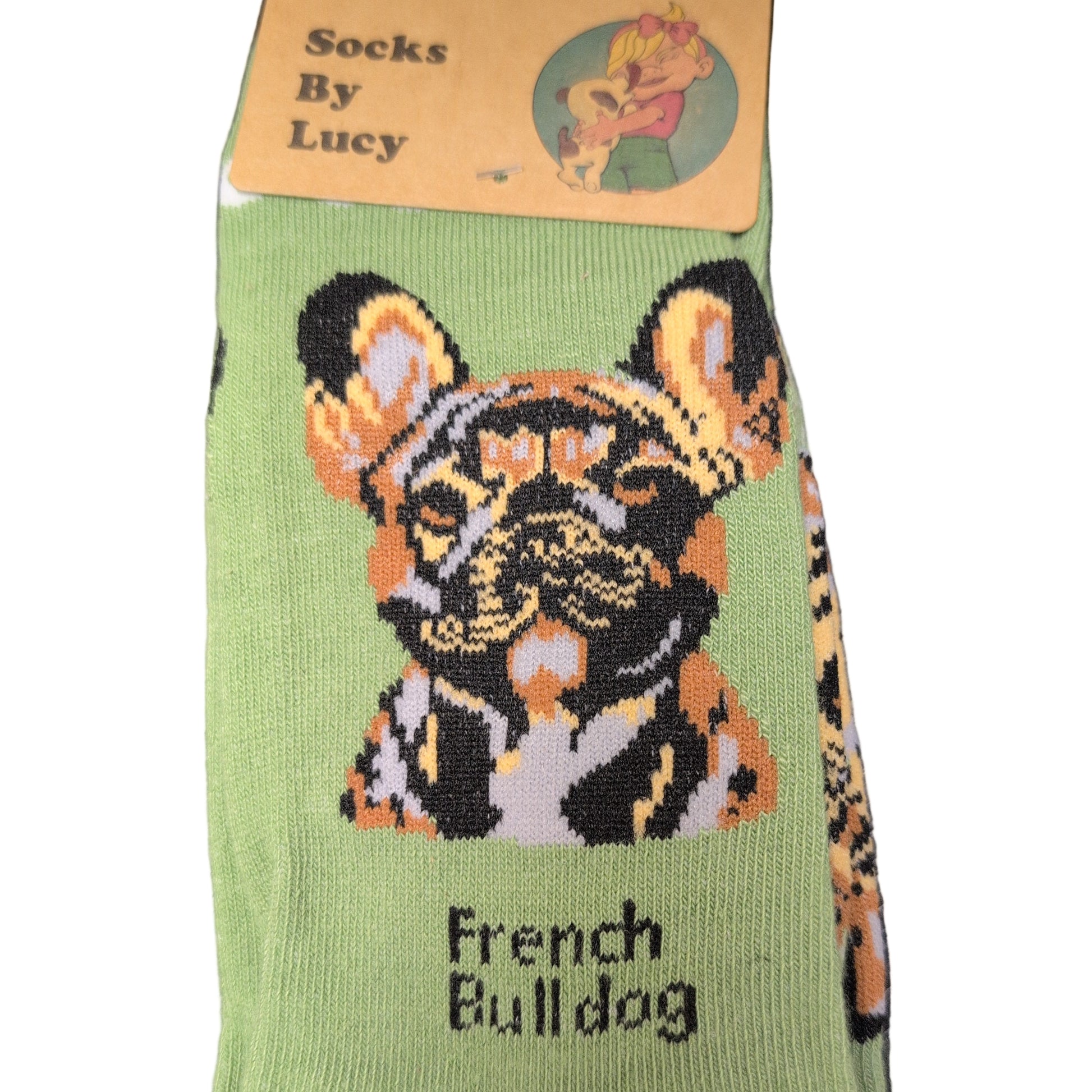 Socks with a French Bulldog design on a dark surface