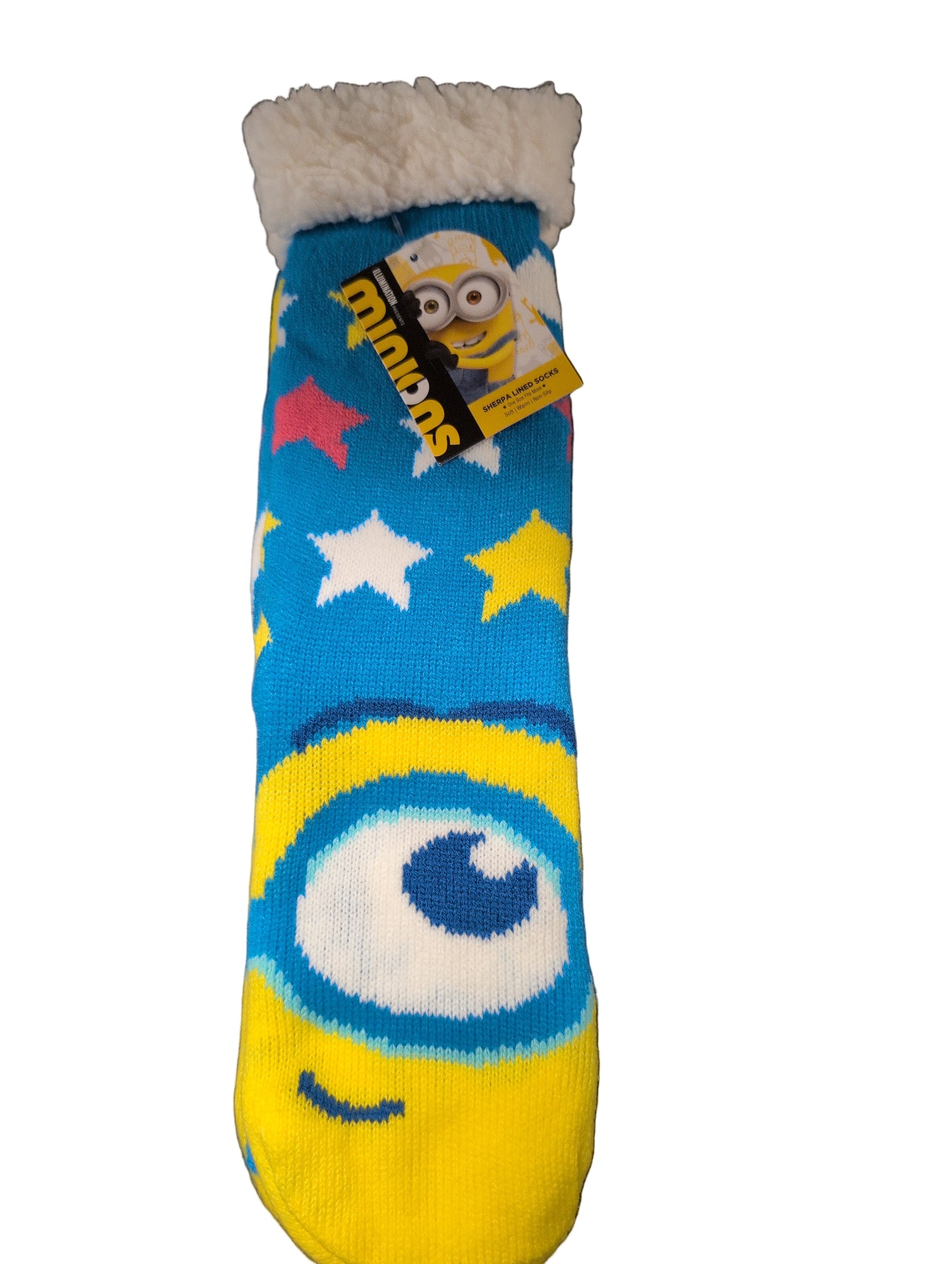 Colorful sock with cartoon design on a dark surface