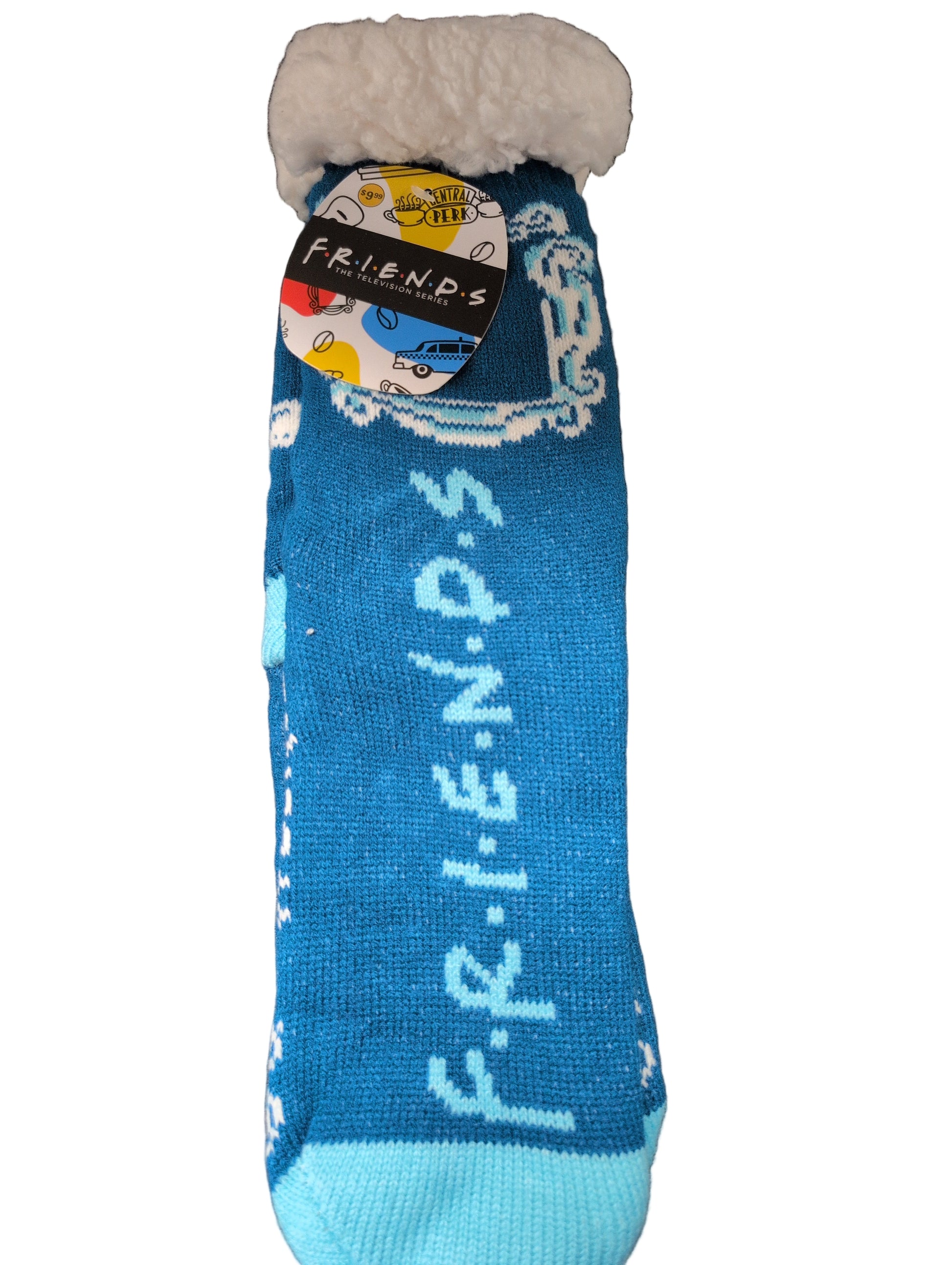 Blue sock with white text on a dark surface