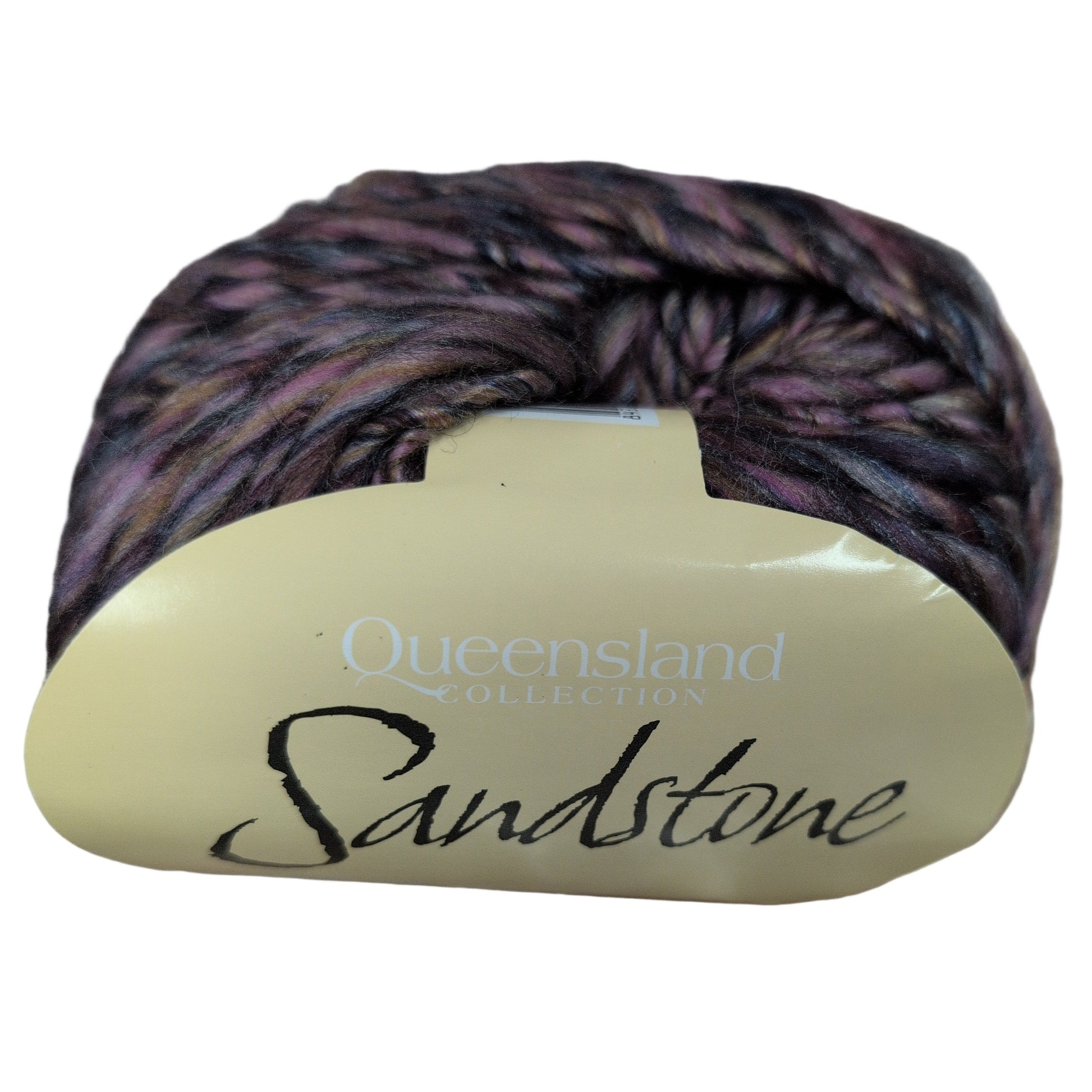 Yarn ball with 'Queensland Sandstone' label on a white background
