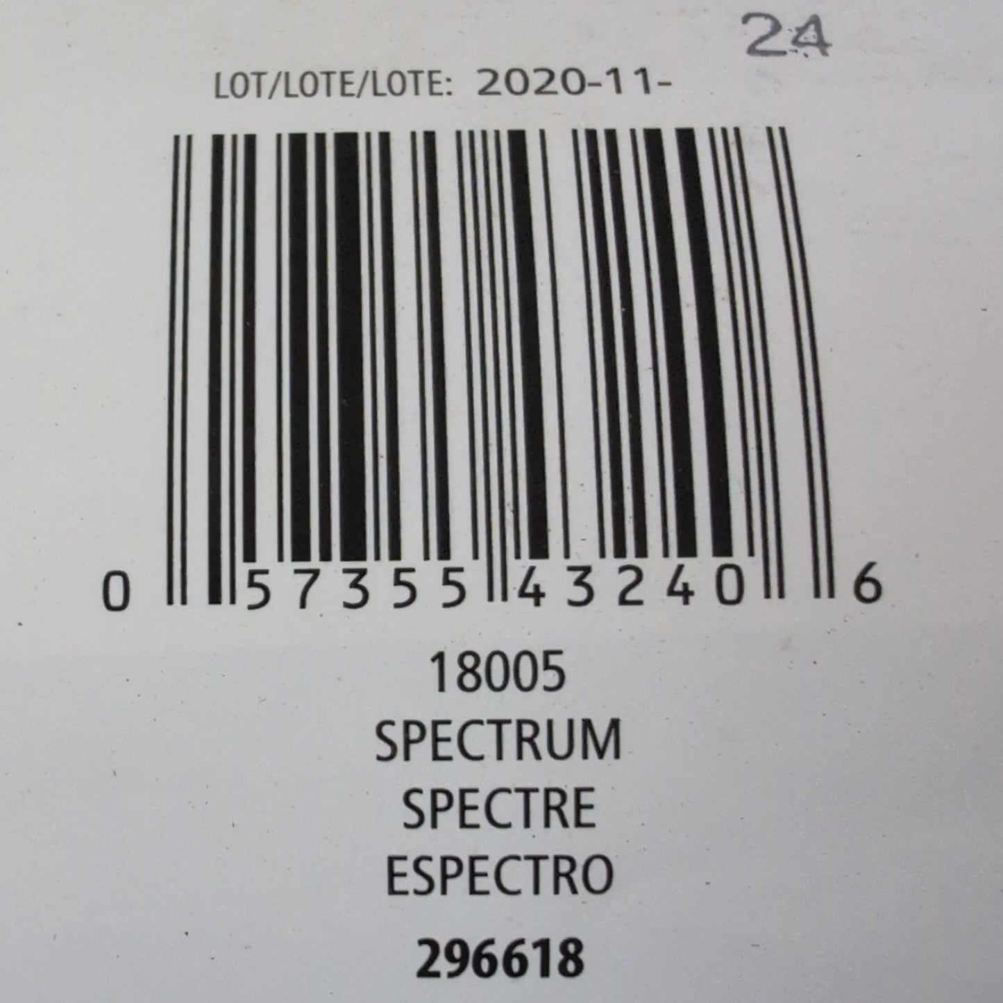 Close-up of a label with a barcode and text on a textured surface