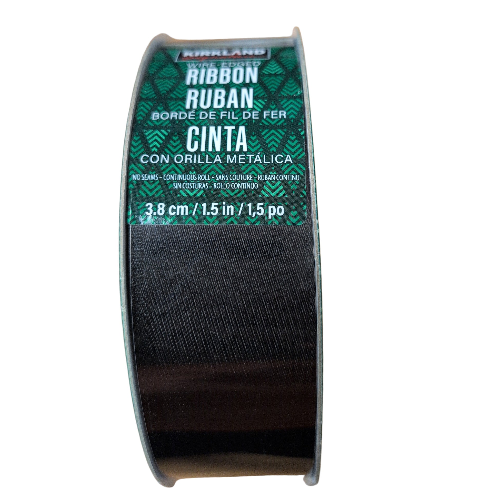 Spool of black ribbon with a Kirkland label on a white background