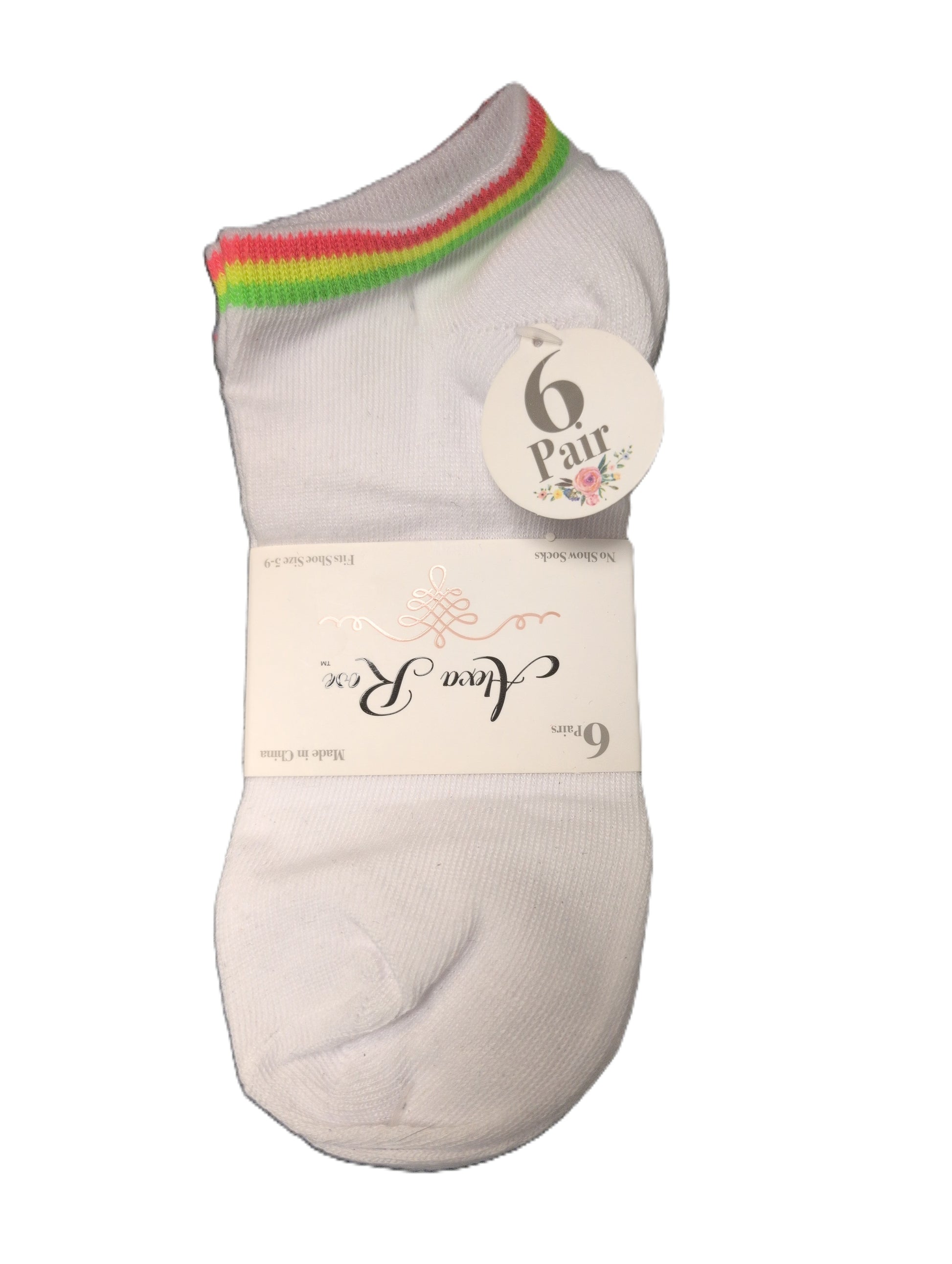 Pack of six pairs of white ankle socks with a colorful trim on a white background
