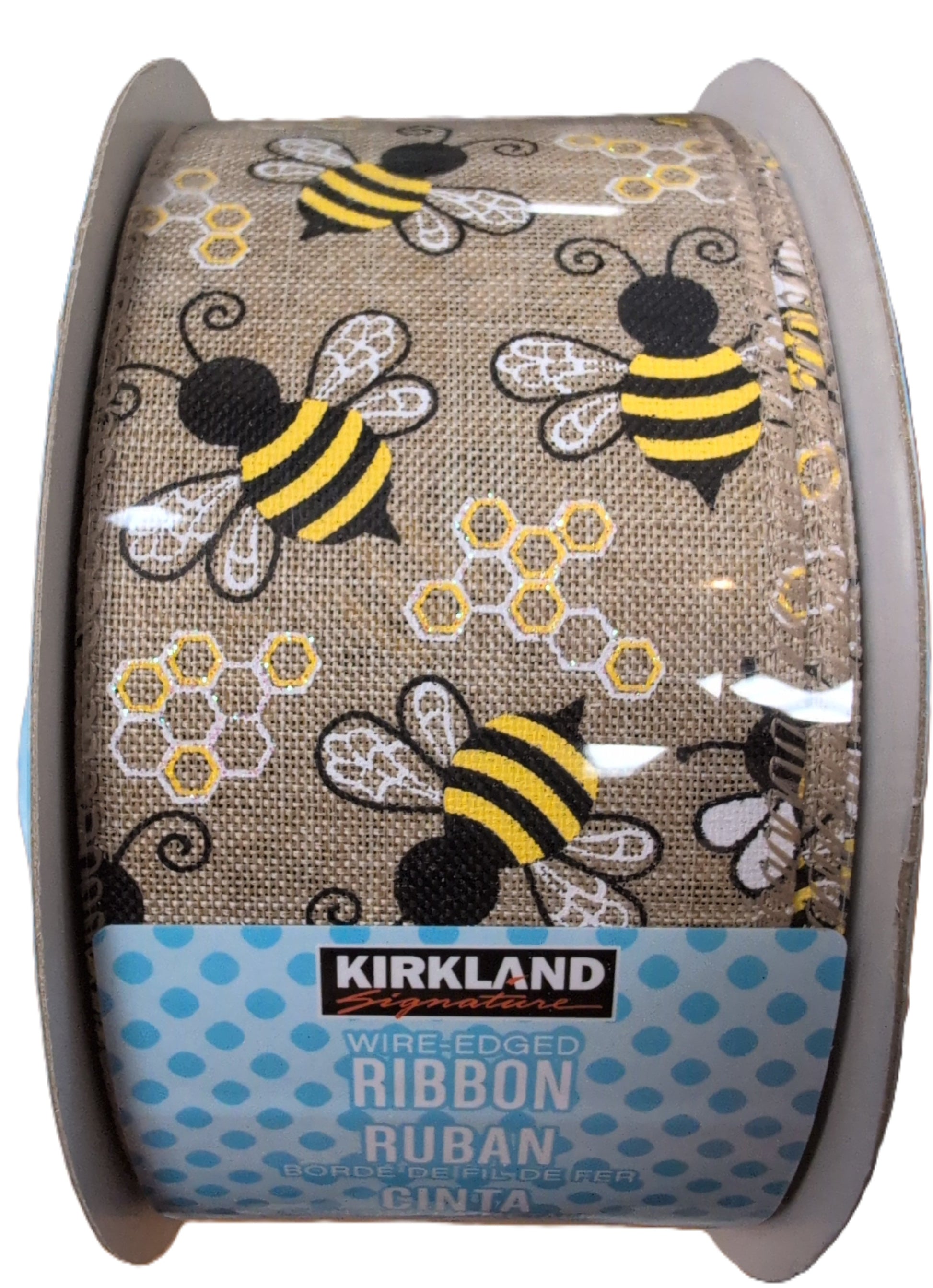 Spool of Kirkland wire-edged ribbon with bee pattern