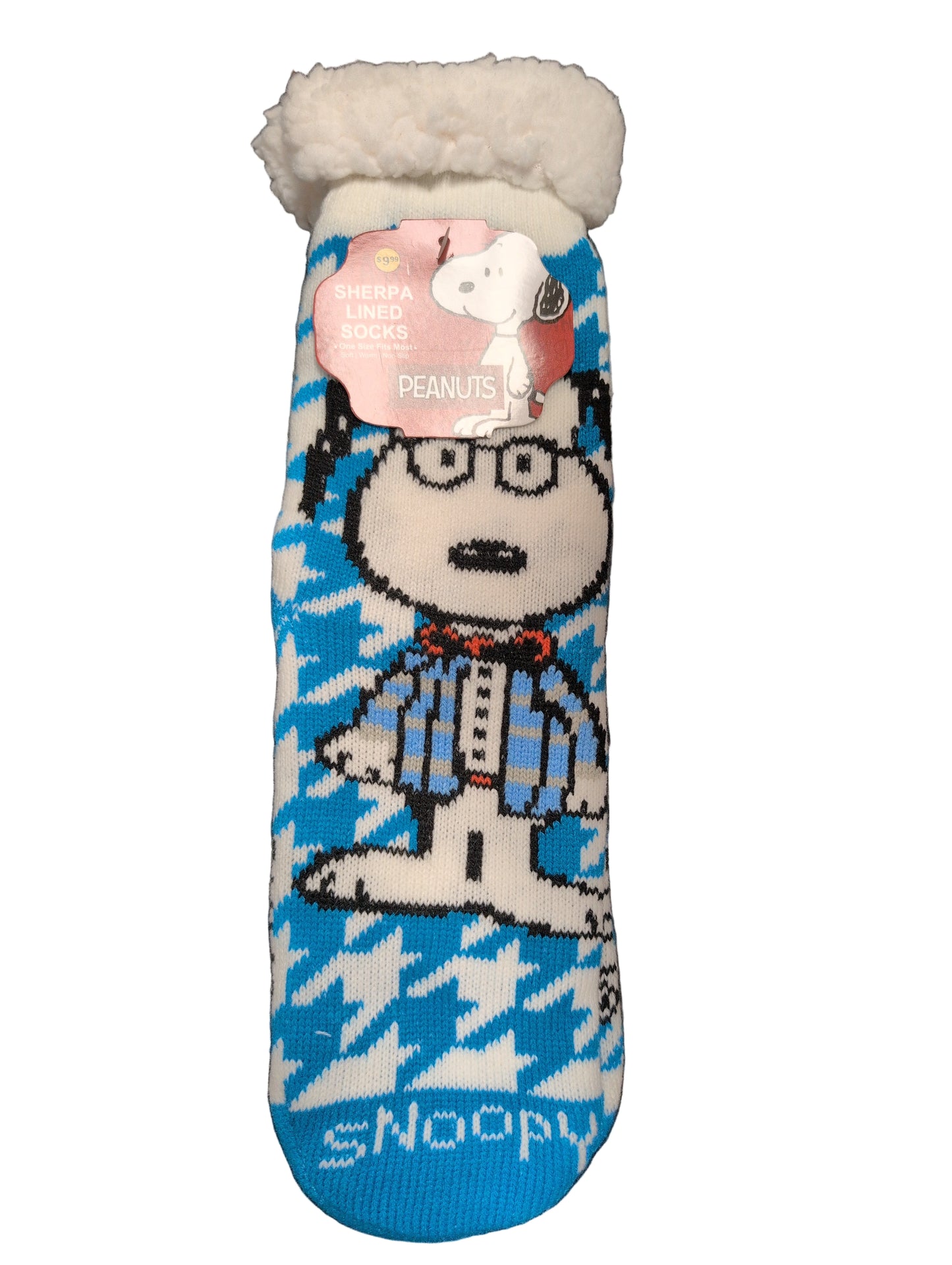 Snoopy-themed product with blue and white pattern on a dark surface