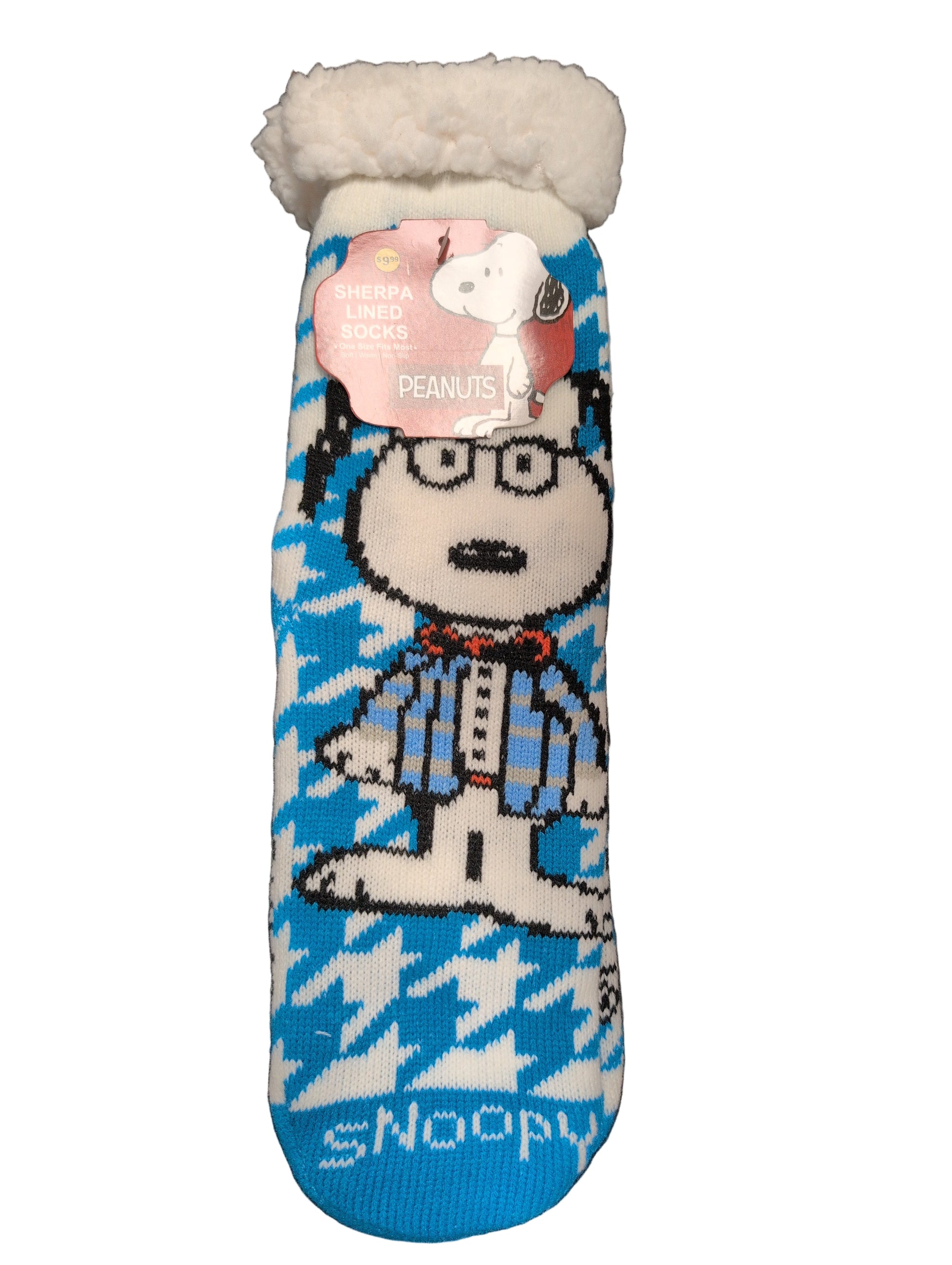 Snoopy-themed product with blue and white pattern on a dark surface