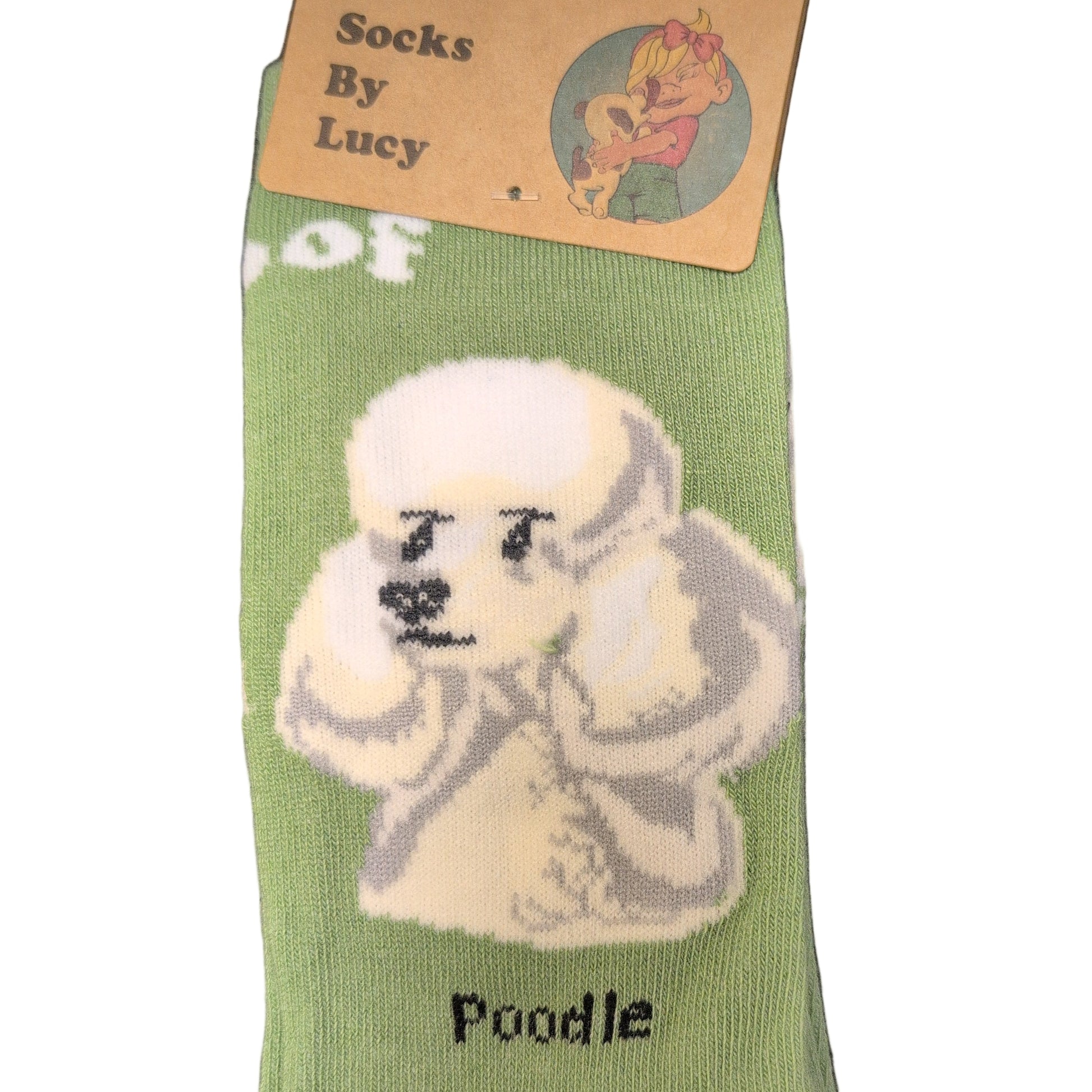 Green sock with poodle design and 'Socks by Lucy' label on a dark surface