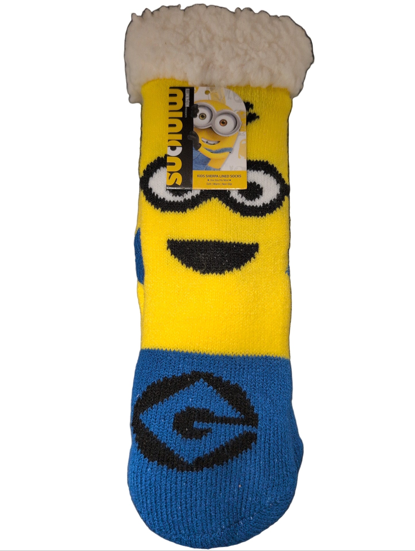 Colorful sock with cartoon character design on a dark surface
