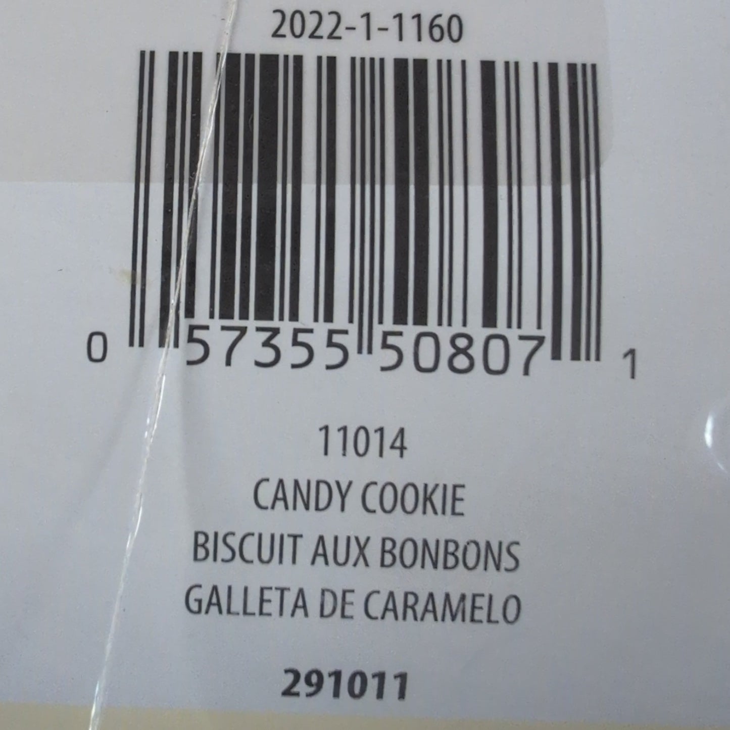 Product label with barcode and text on a textured surface