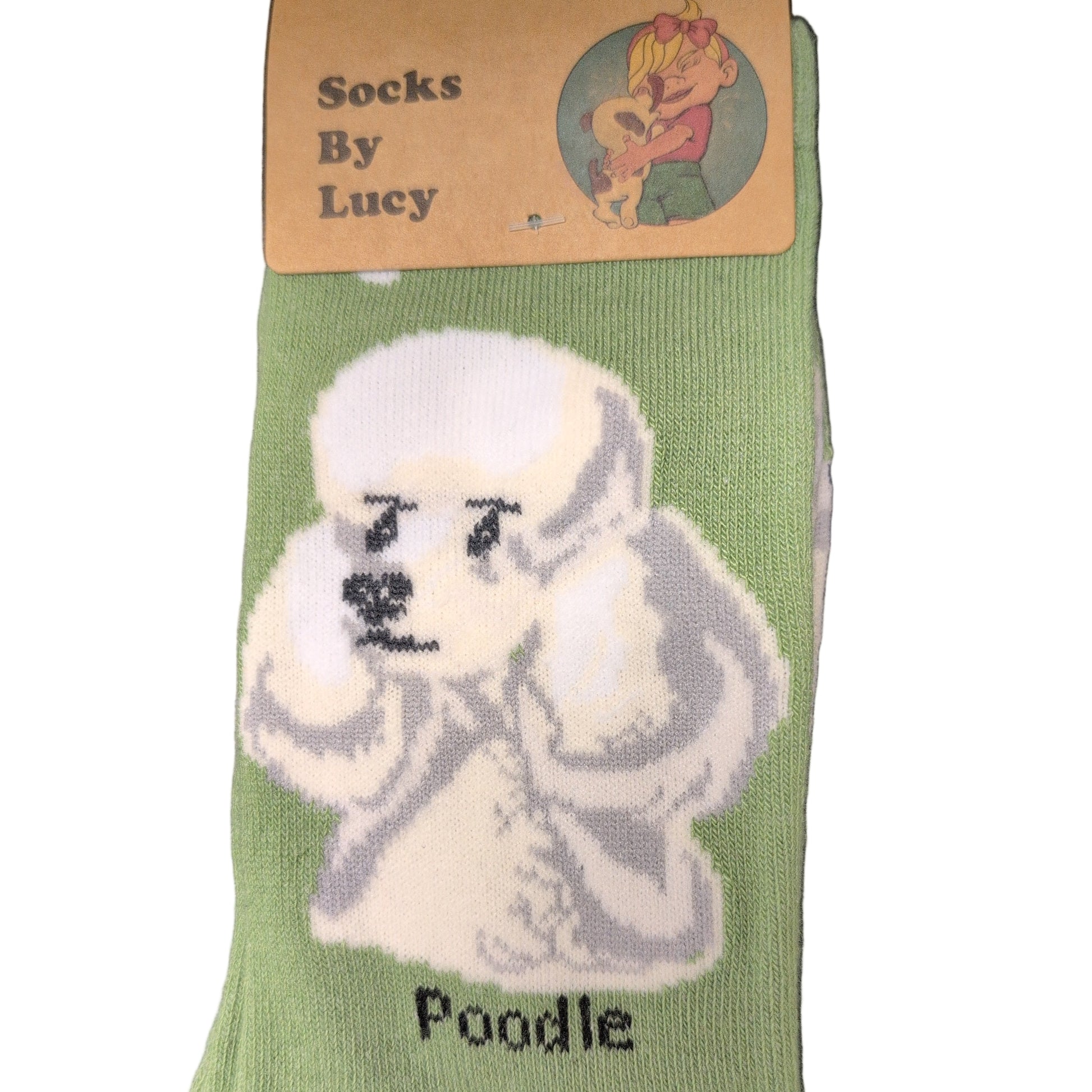 Green sock with a dog design on a black surface