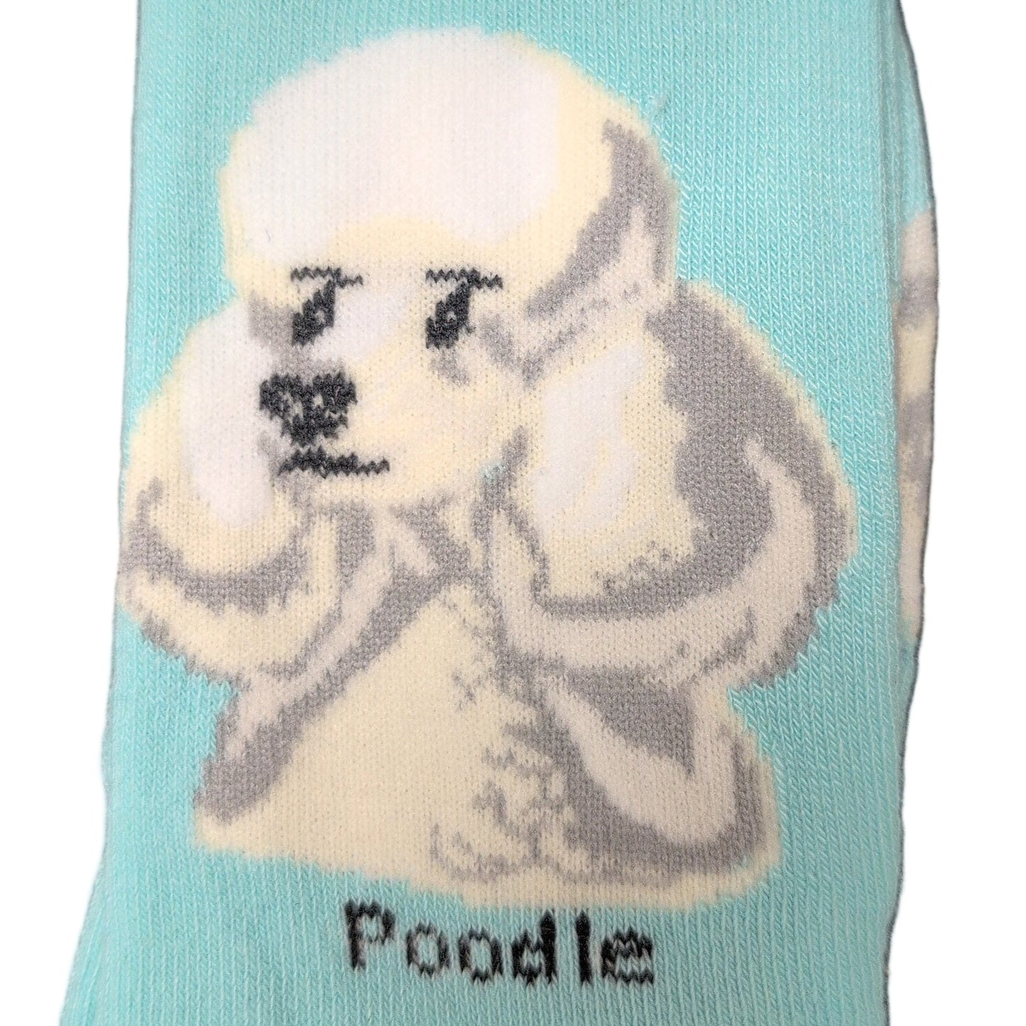 Sock with poodle design and 'Socks By Lucy' branding on a light blue background