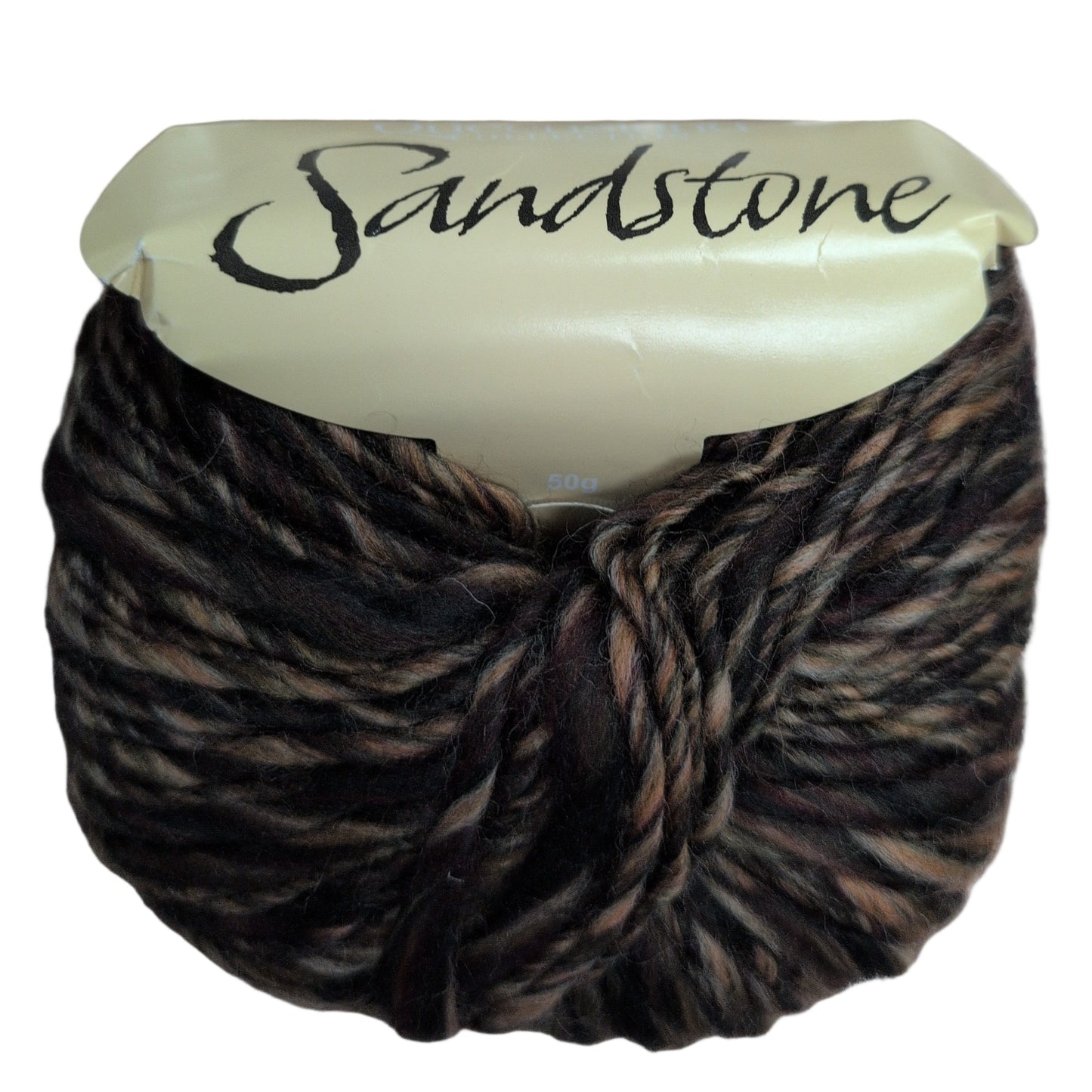 Brown scrunchie with 'Sandstone' label on a white background