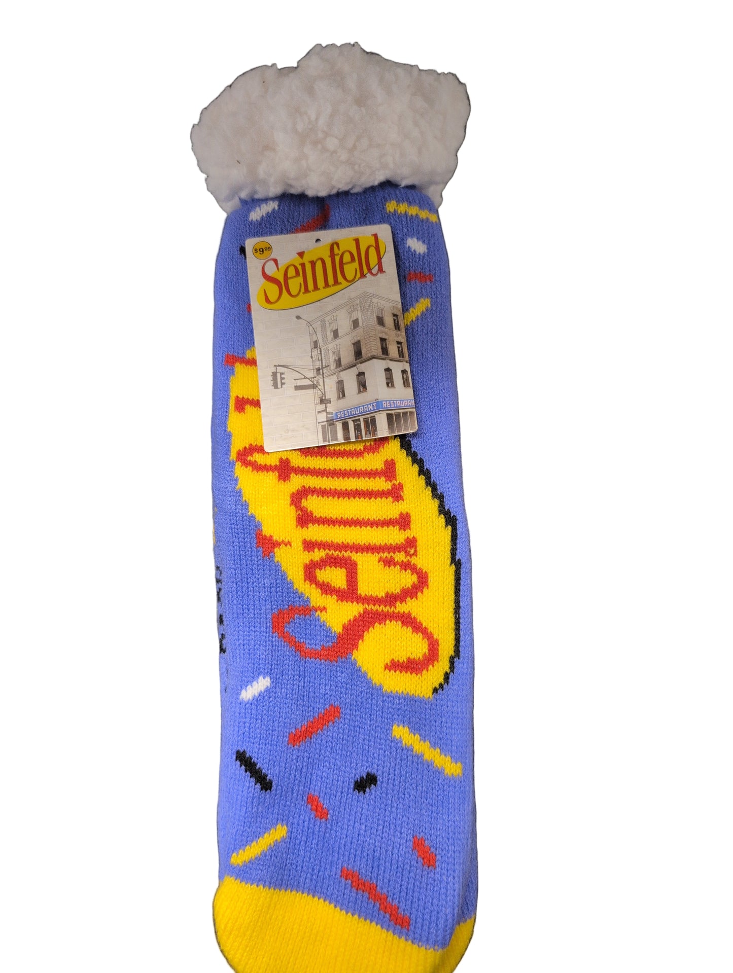 Sock with 'Seinfeld' branding on a dark surface