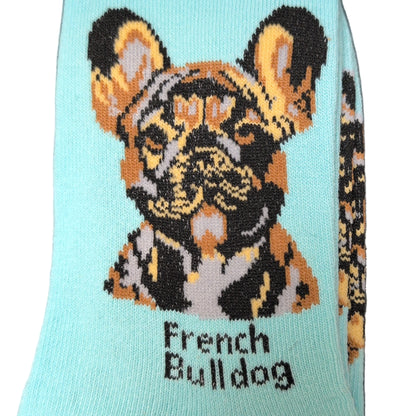 Light blue sock with a French Bulldog design on a dark surface