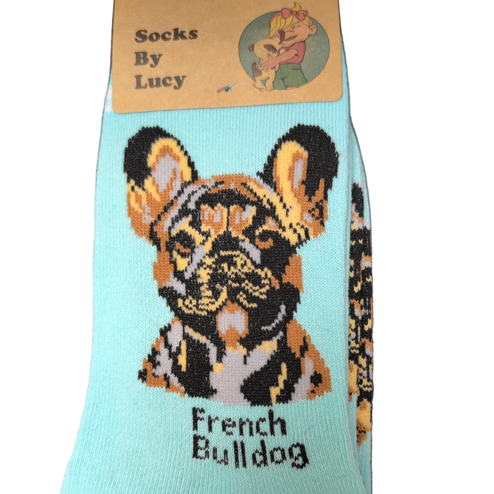 Light blue sock with a French Bulldog design and 'Socks By Lucy' packaging.