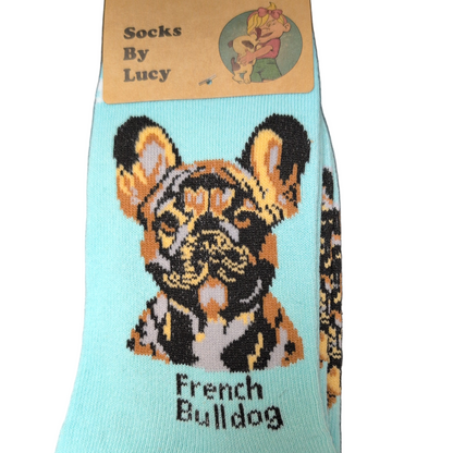 Light blue sock with a French Bulldog design and 'Socks By Lucy' packaging.