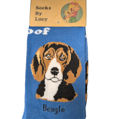 Beagle dog-themed sock with brand label on a dark surface