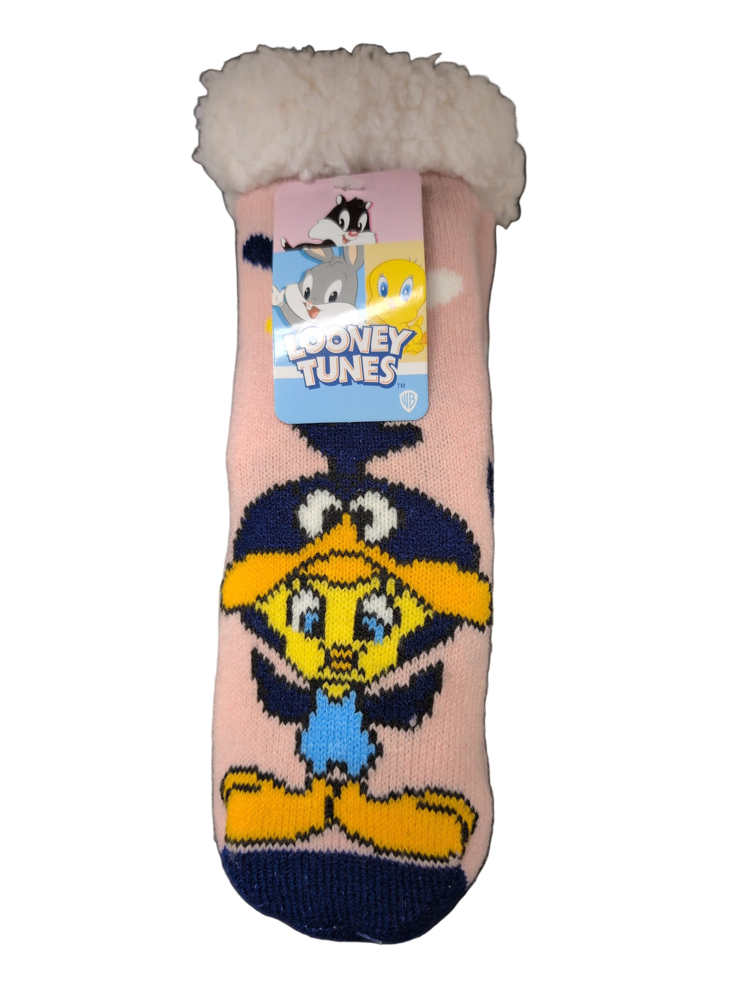 Cartoon character-themed sock with fuzzy trim on a dark surface