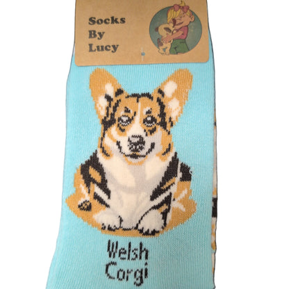 Sock with a Welsh Corgi design on a cardboard holder labeled 'Socks By Lucy' on a dark surface.