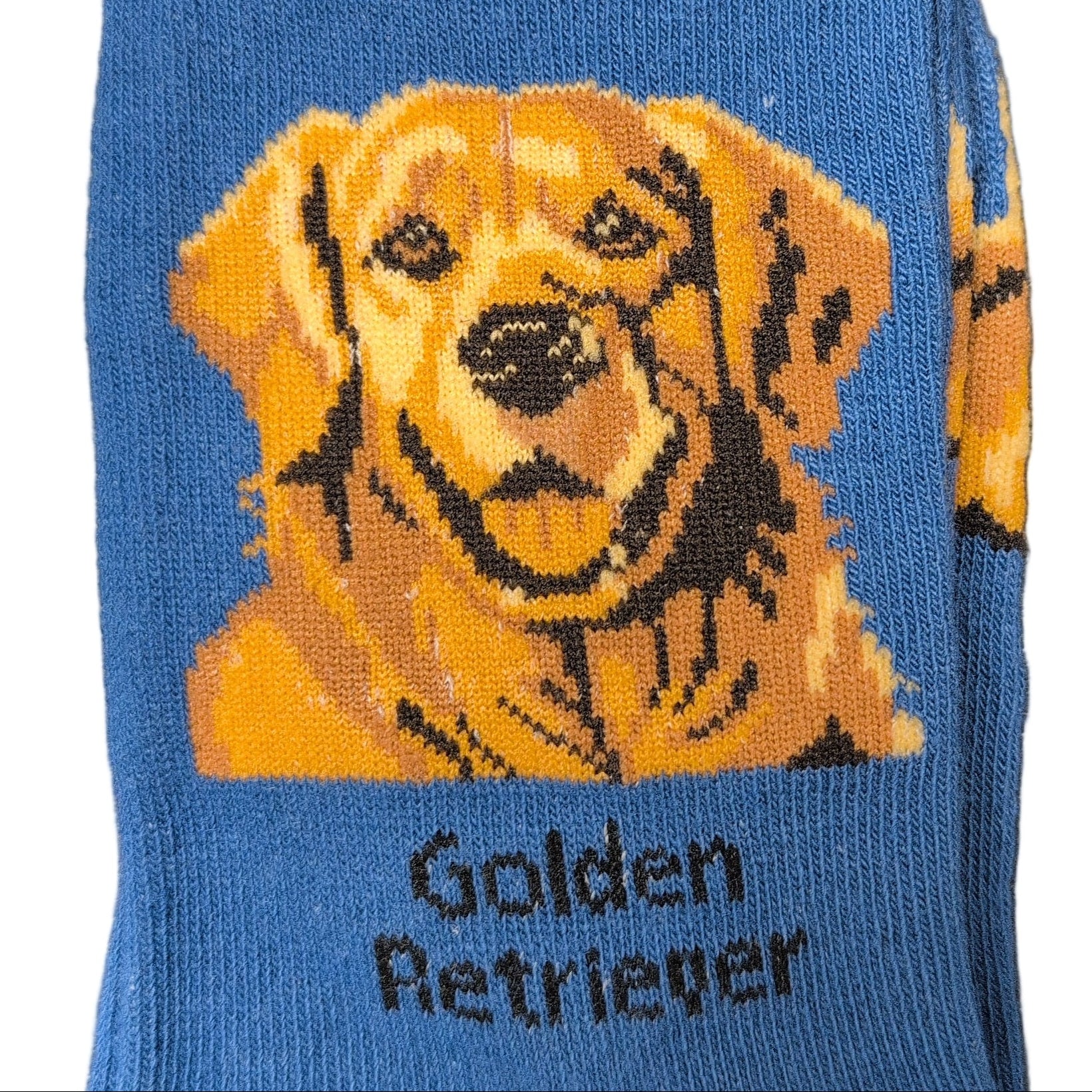 Blue socks with a Golden Retriever design and 'Socks By Lucy' packaging.