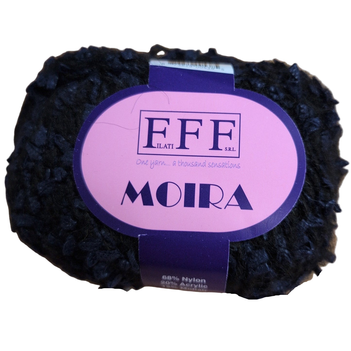 Ball of black yarn with a purple label featuring 'FFF' and 'MOIRA' on a white background