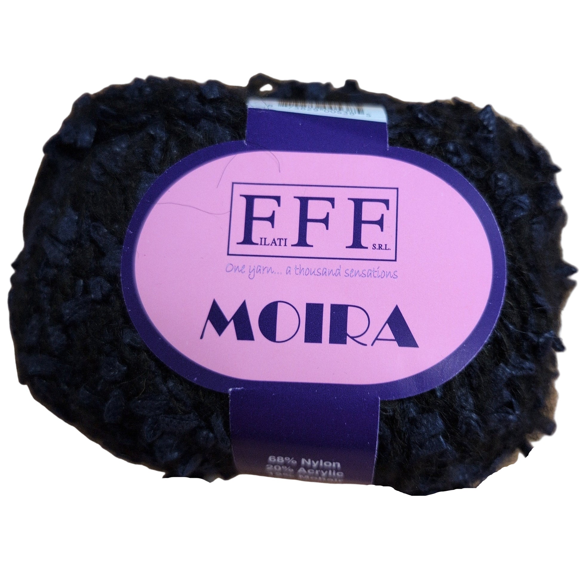 Ball of black yarn with a purple label featuring 'FFF' and 'MOIRA' on a white background