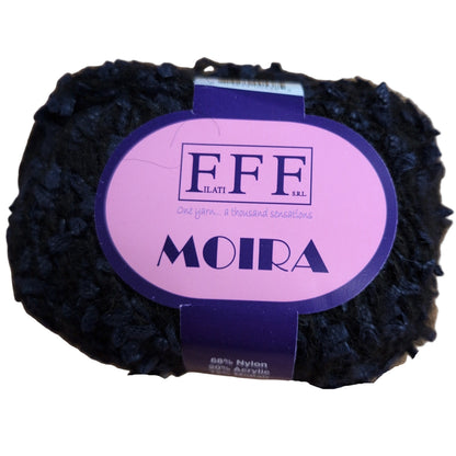 Ball of black yarn with a purple label featuring 'FFF' and 'MOIRA' on a white background