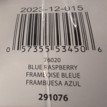 Close-up of a product label with a barcode and text on a blue textured background