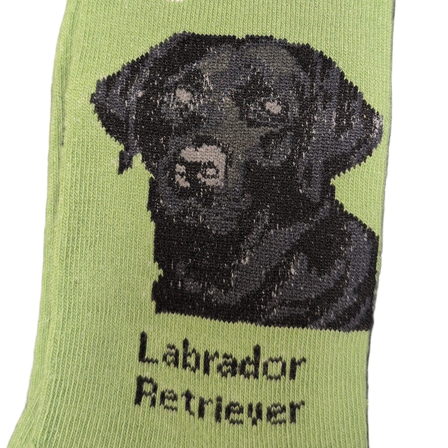 Green sock with black Labrador Retriever design and 'Socks By Lucy' label.