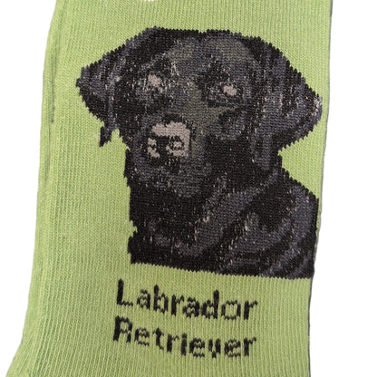Green sock with black Labrador Retriever design and 'Socks By Lucy' label.