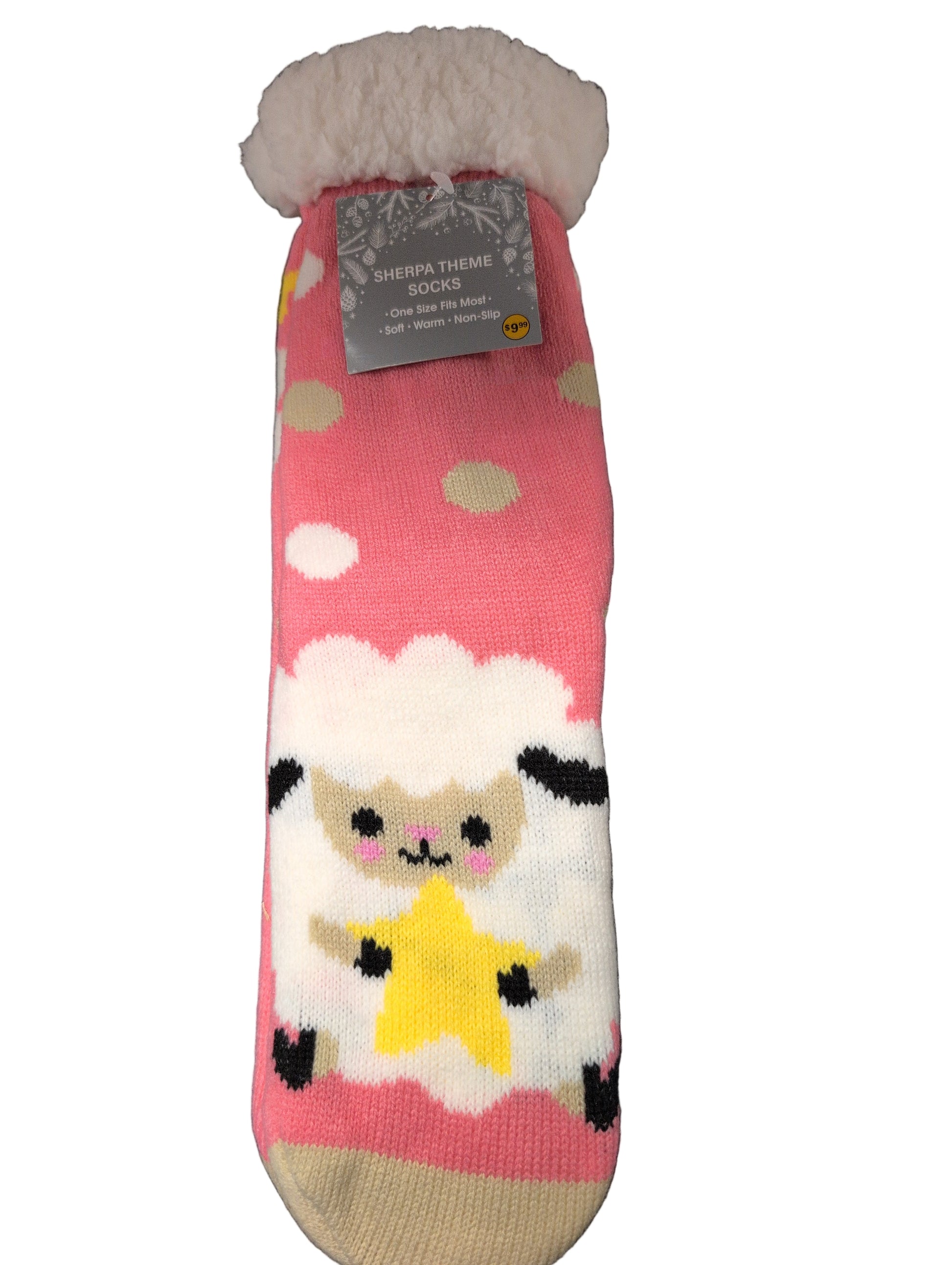 Pink socks with cartoon design on a dark surface