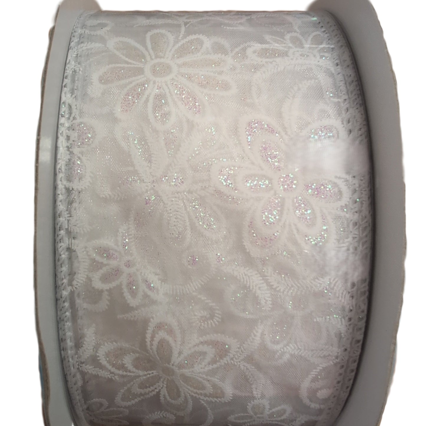 Roll of white lace ribbon with floral patterns on a white background