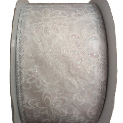 Roll of white lace ribbon with floral patterns on a white background