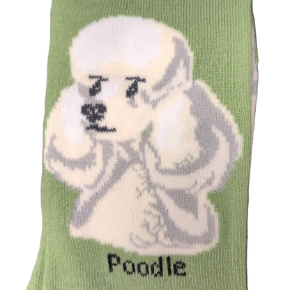 Green sock with a poodle design and the word 'Poodle' on a white background