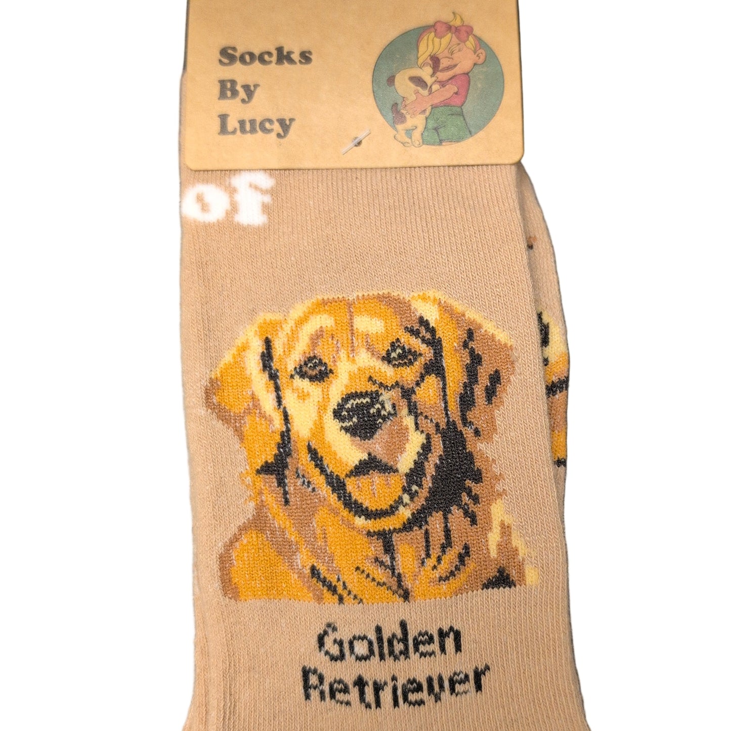 Beige sock with a golden retriever design and 'Socks By Lucy' branding.
