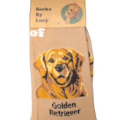 Beige sock with a golden retriever design and 'Socks By Lucy' branding.