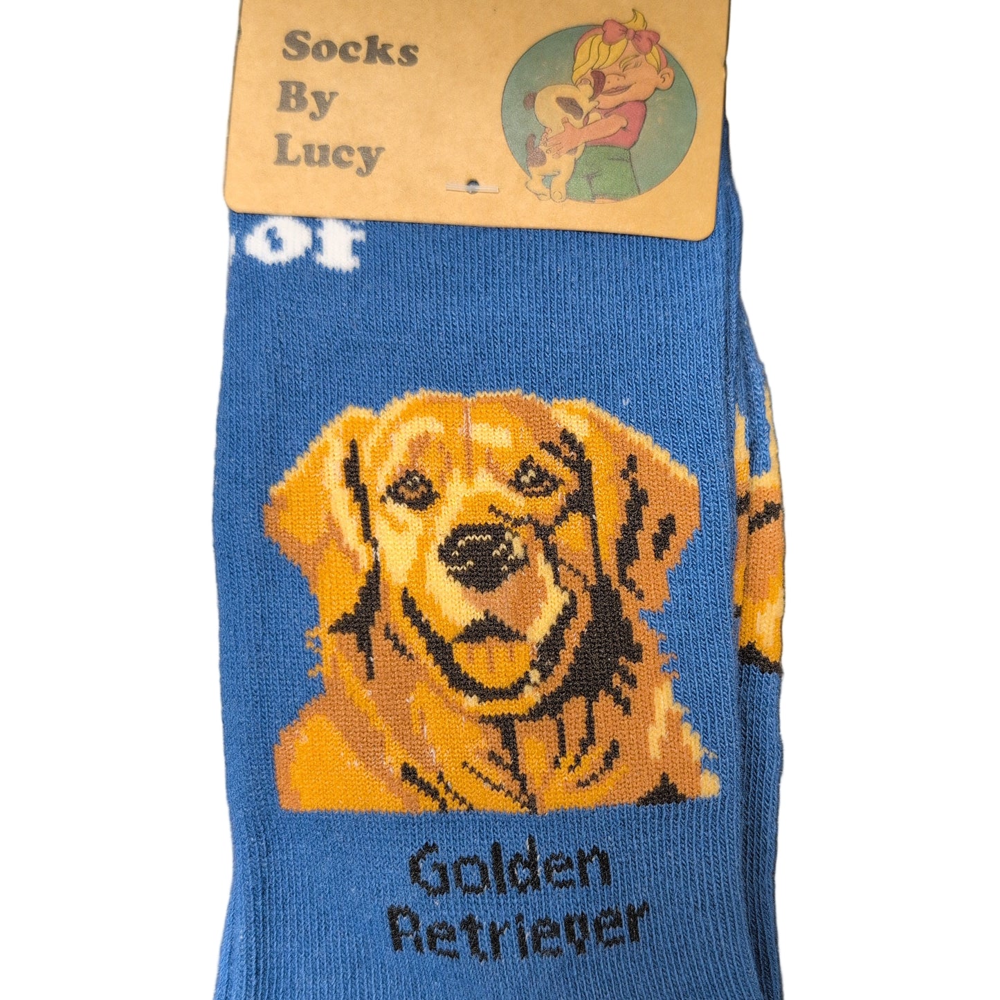 Blue sock with a dog design and 'Golden Retriever' text on a dark surface
