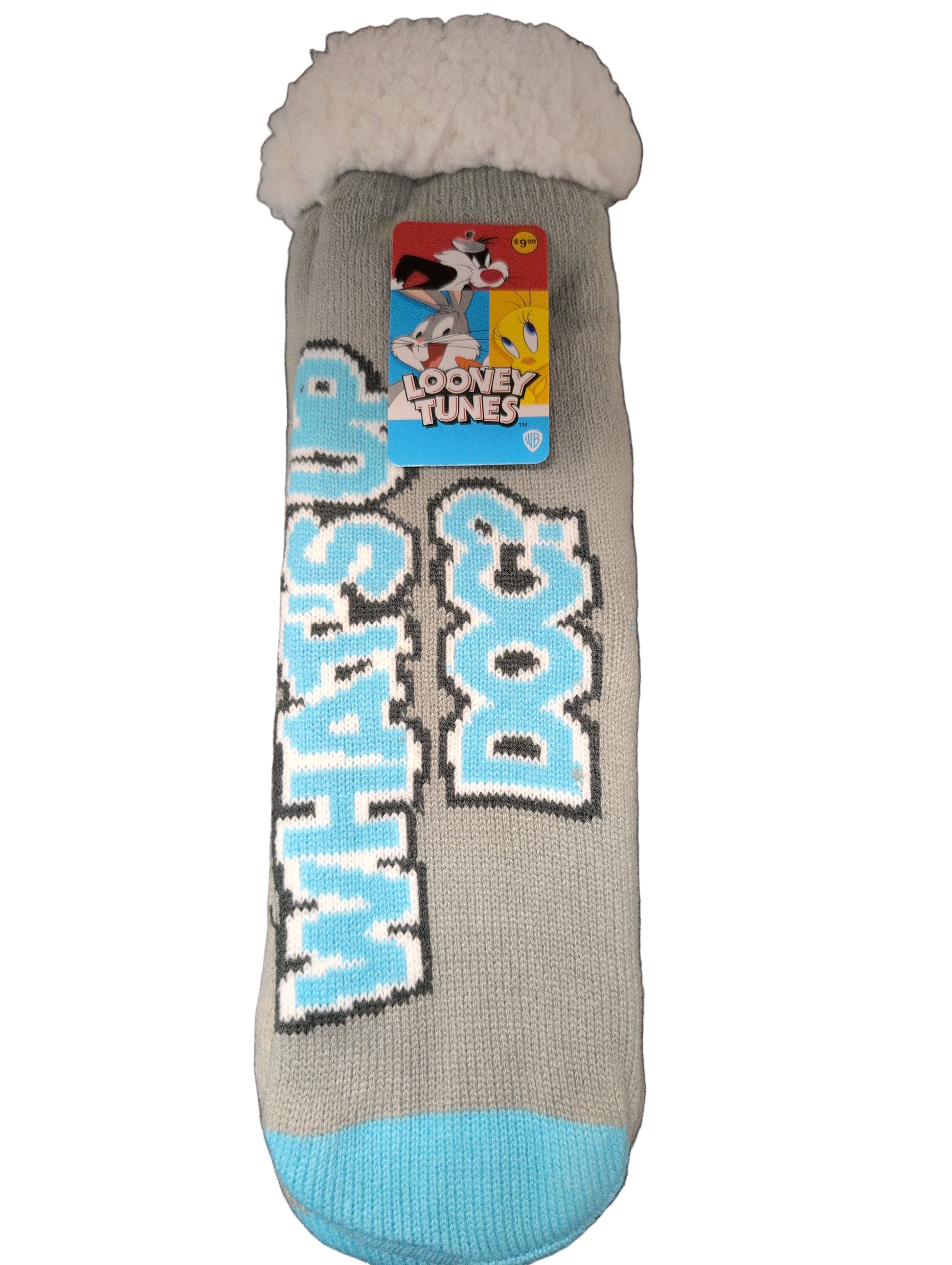 Gray sock with blue text and a cartoon character label on a dark surface