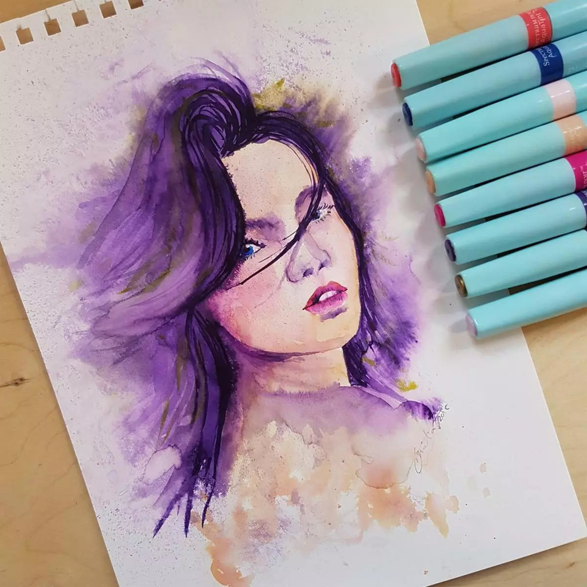 Sample drawing of  a girl with purple hair made using mrkers.
