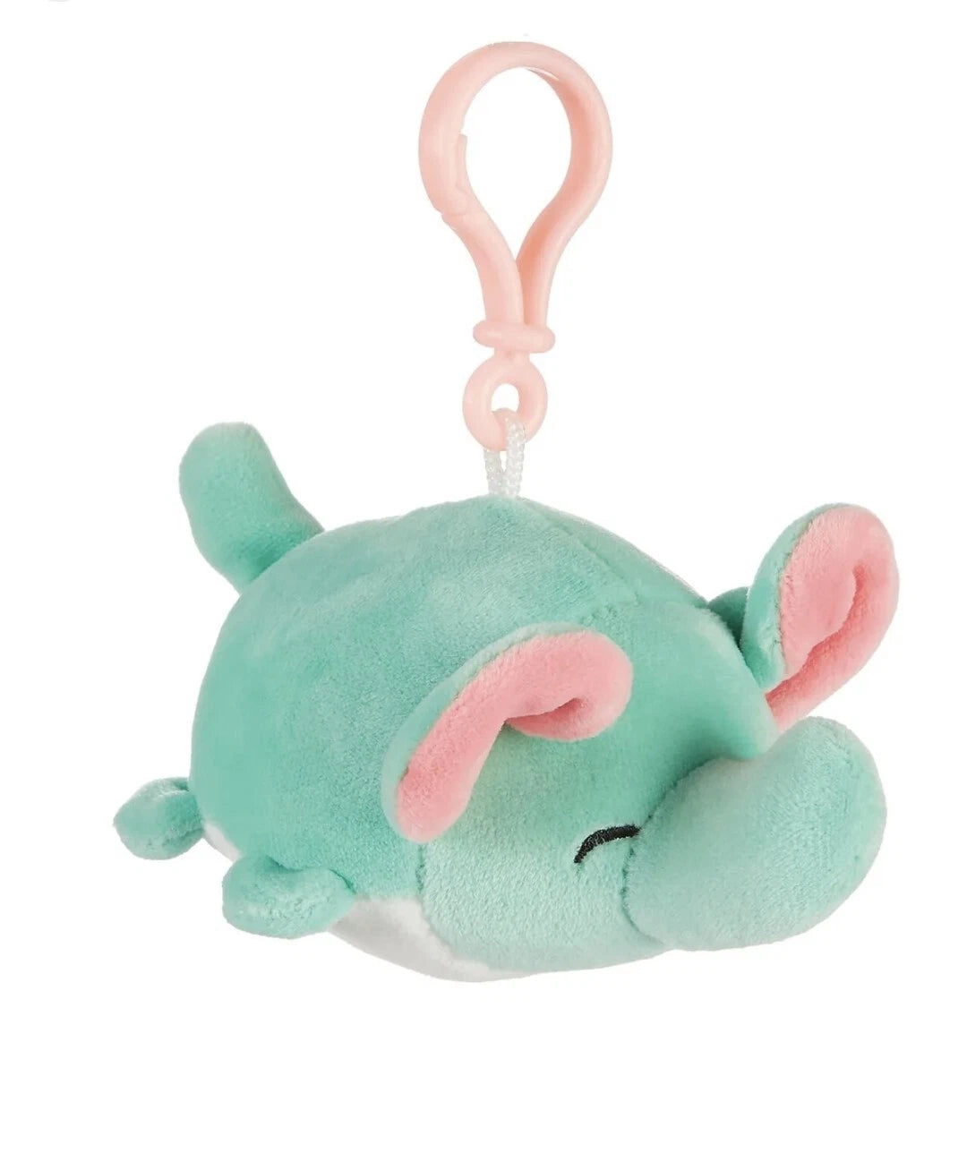 Plush mouse toy with a pink clip on a white background