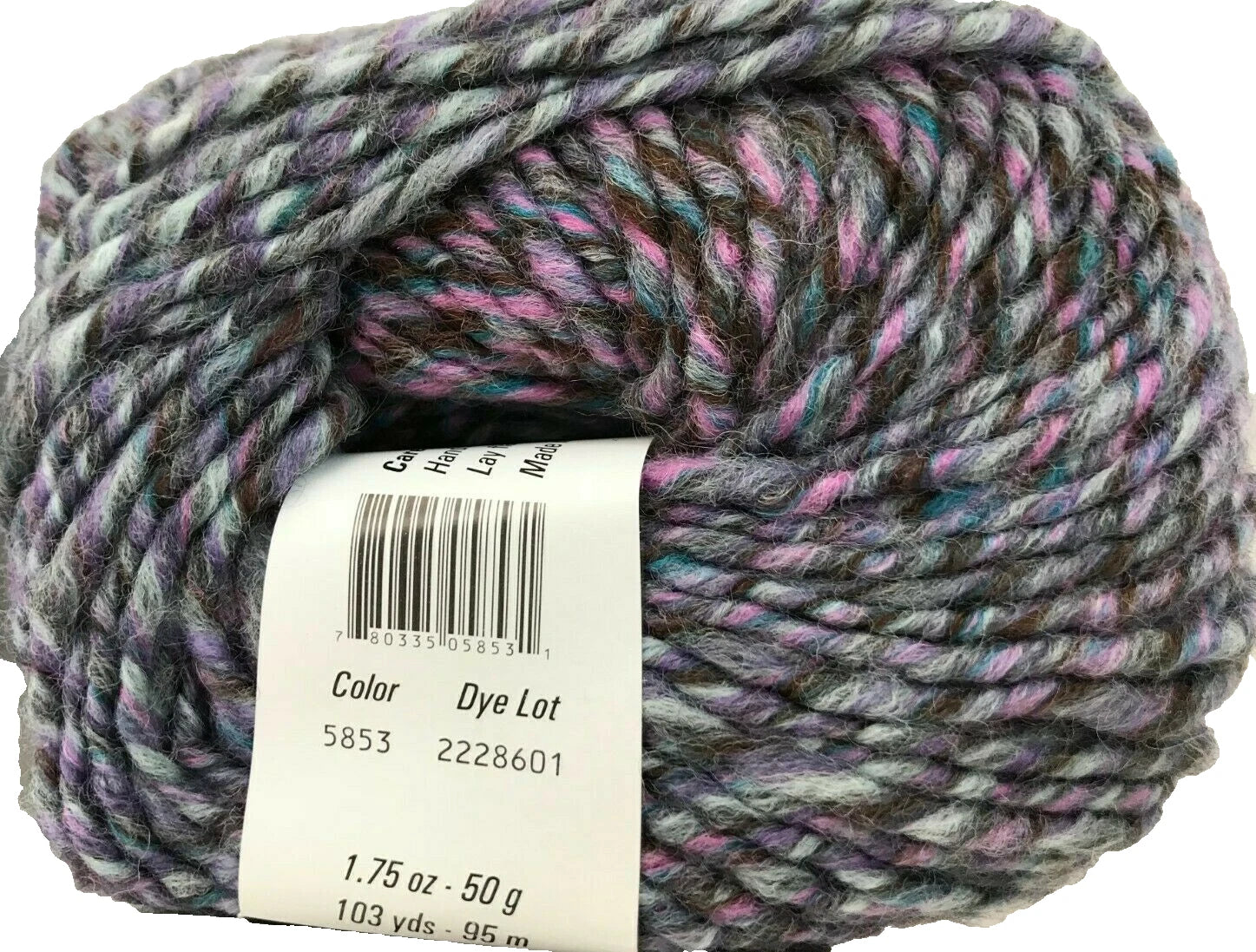 Multicolored skein of yarn with a label on a white background