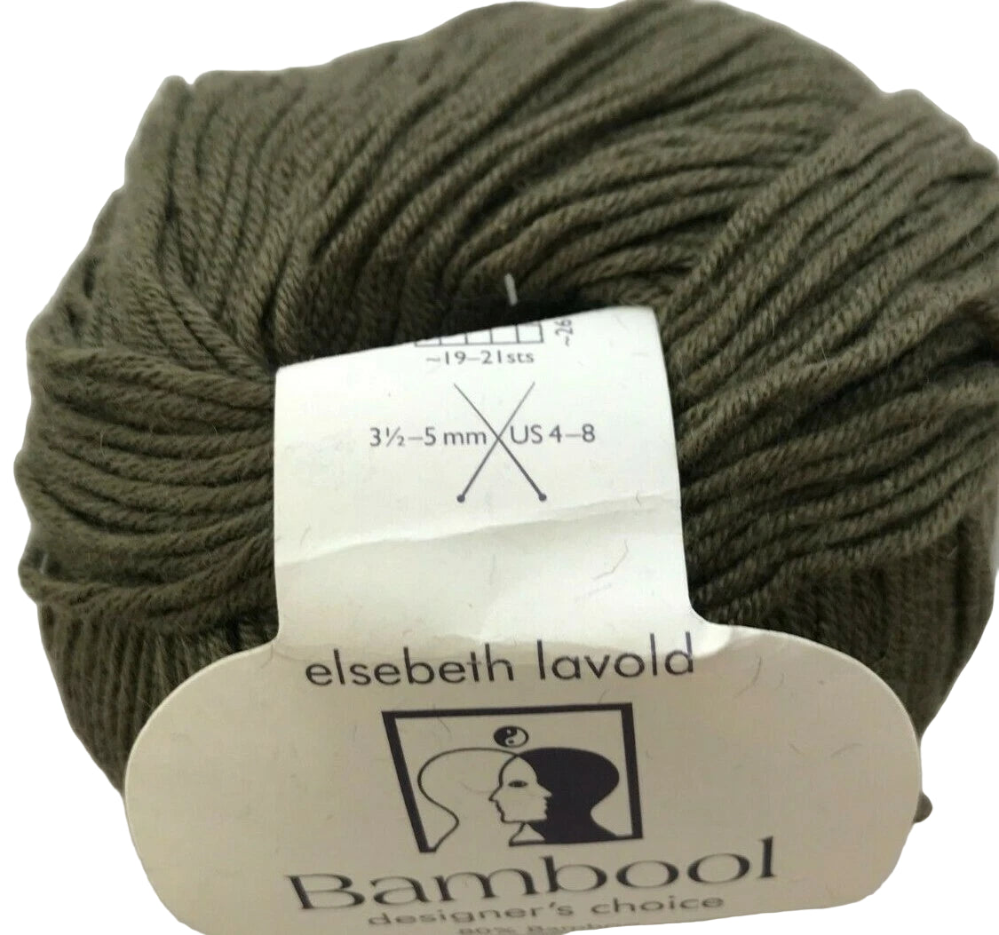 Ball of green yarn with Elsebeth Lavold label on a white background