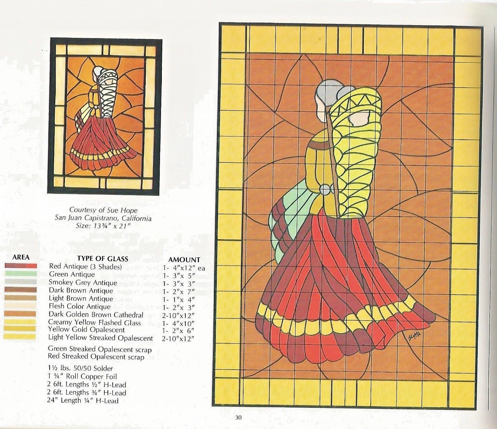Stained glass design with a person in a dress, color chart on the left.