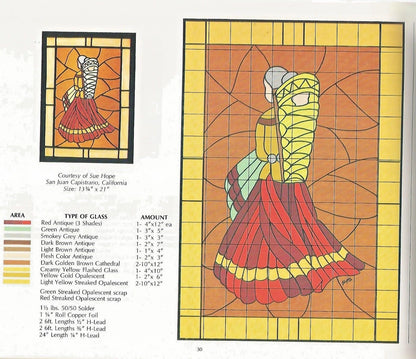 Stained glass design with a person in a dress, color chart on the left.